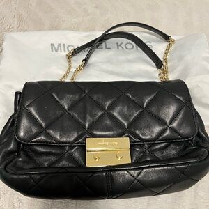 Michael Kors Quilted Black Leather Shoulder Bag with Gold Accents